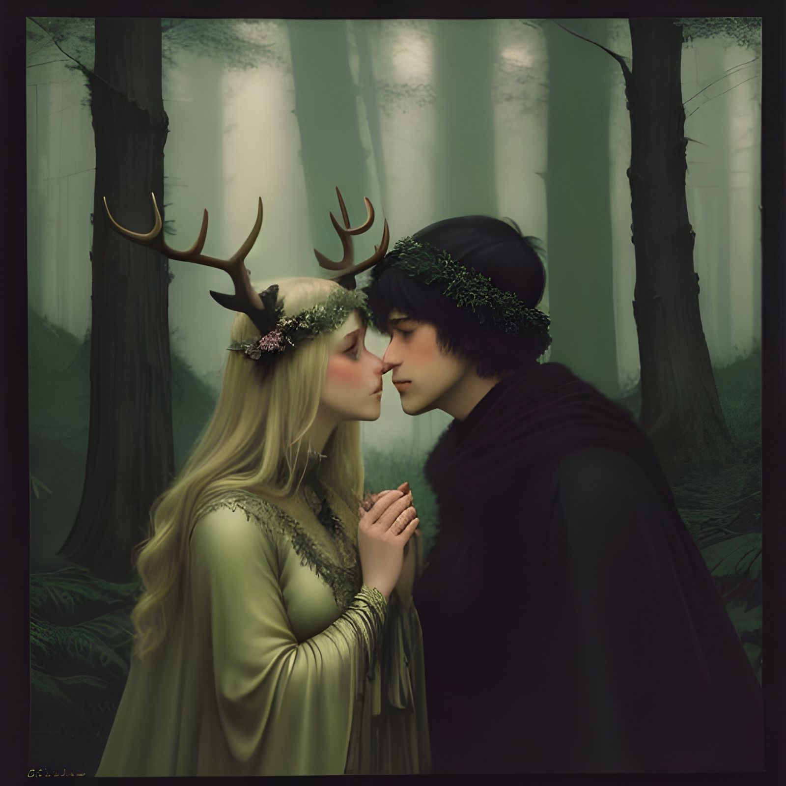 Girls Kissing in Forest Glade, Hyperrealistic Style