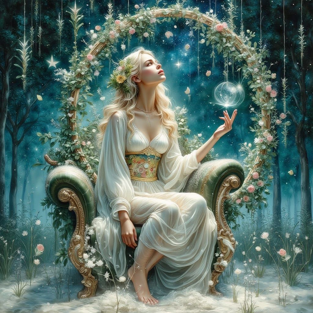 Enchantress Gazes at Starry Night Sky from Vine Throne