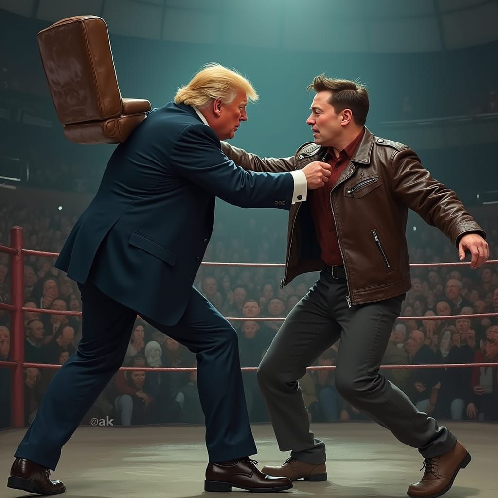 Trump vs Musk Wrestling Match in Cyberpunk Style