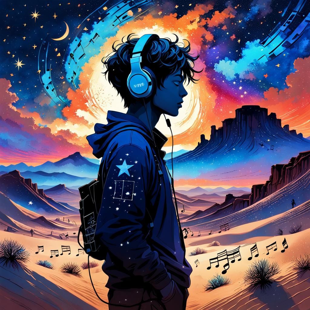Boy Listening to Music in Starry Desert: Watercolor Art
