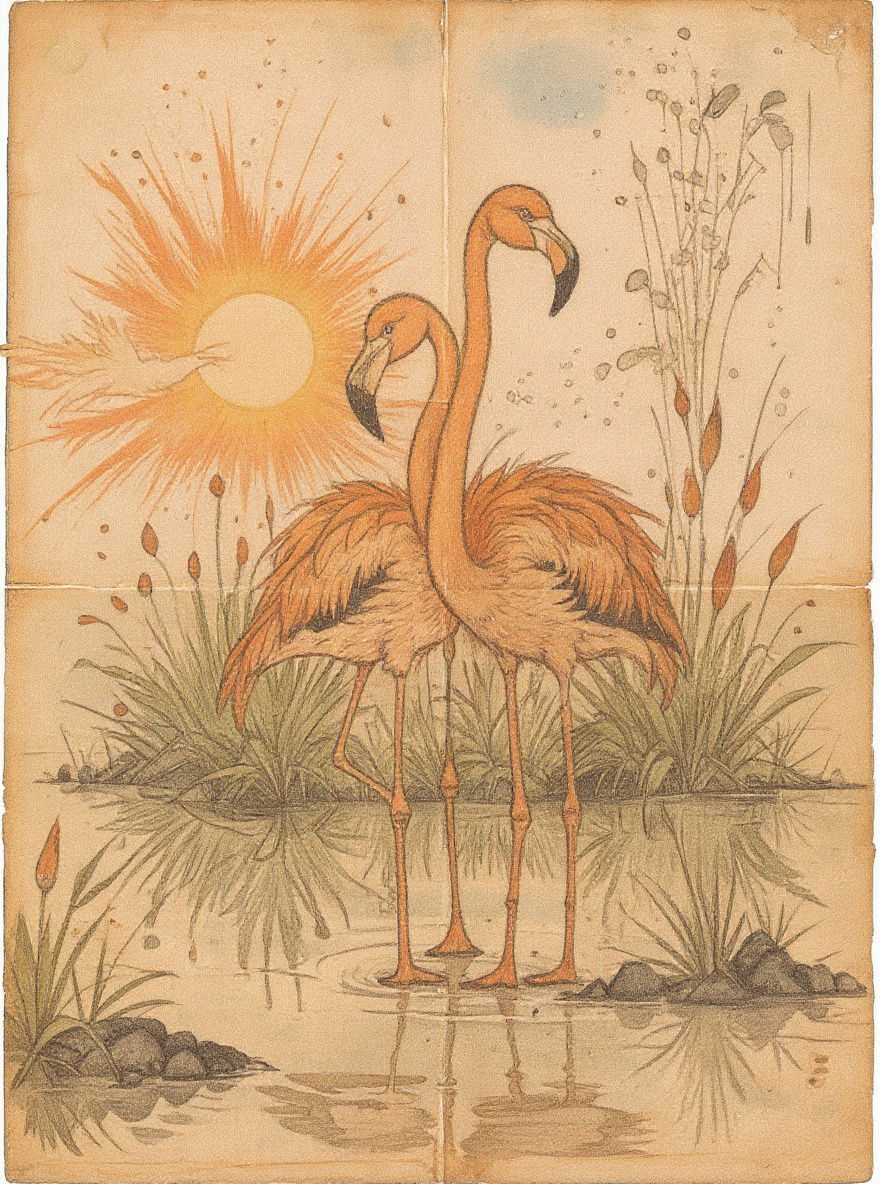 Flamingo Peachicks Wading at Sunrise Lagoon