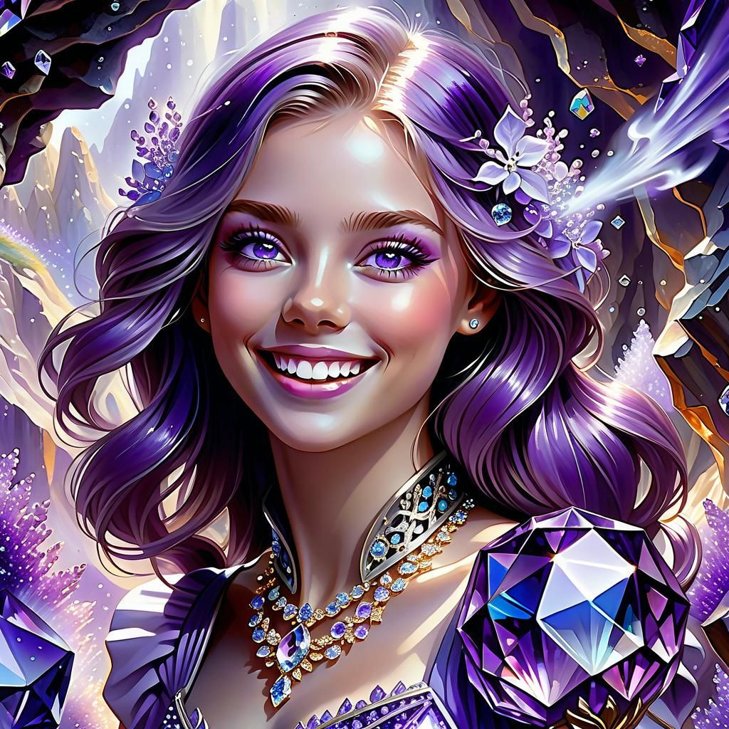 Lilac-Eyed Girl Laughing in Crystalline Cave