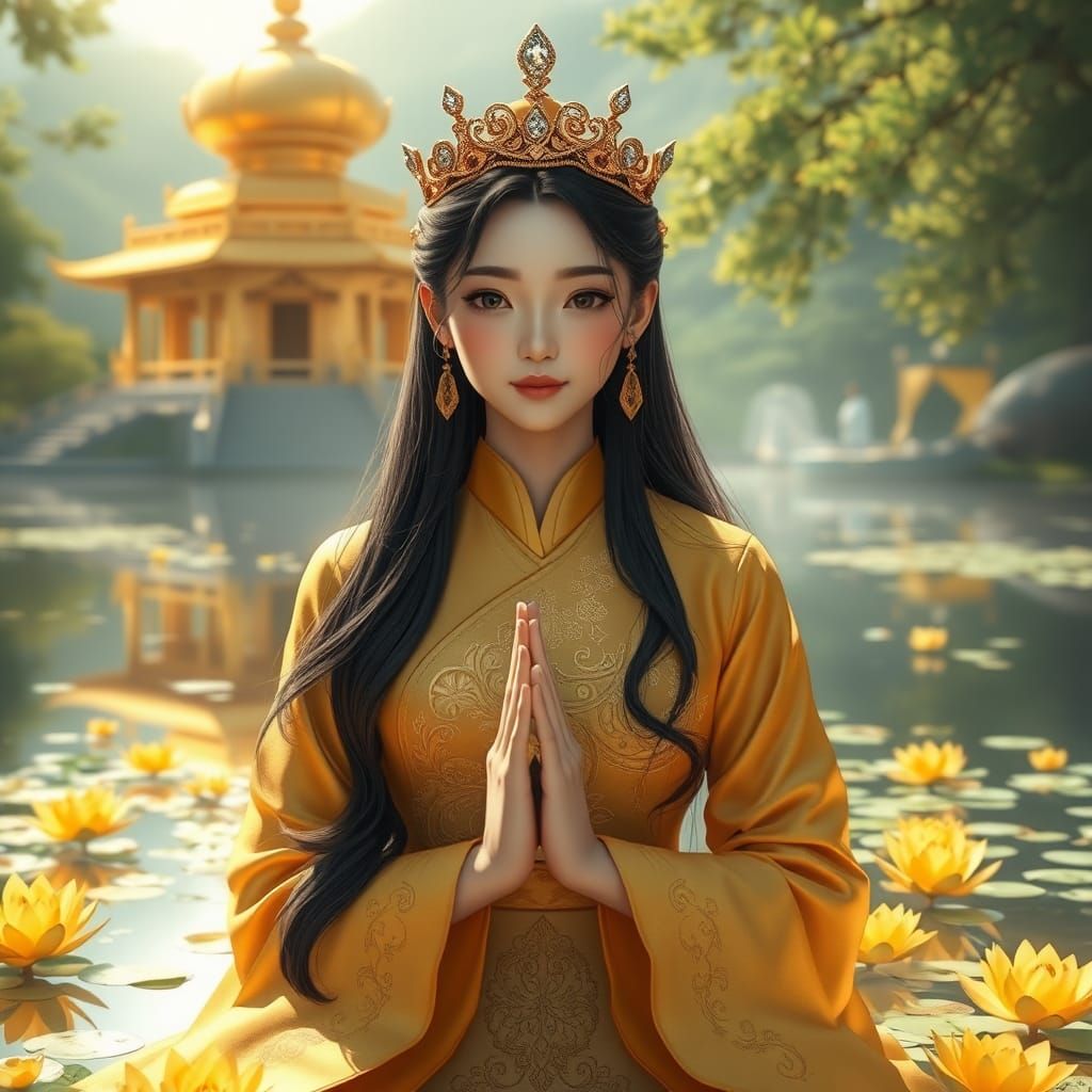Asian Woman in Golden Costume, Anime Style
