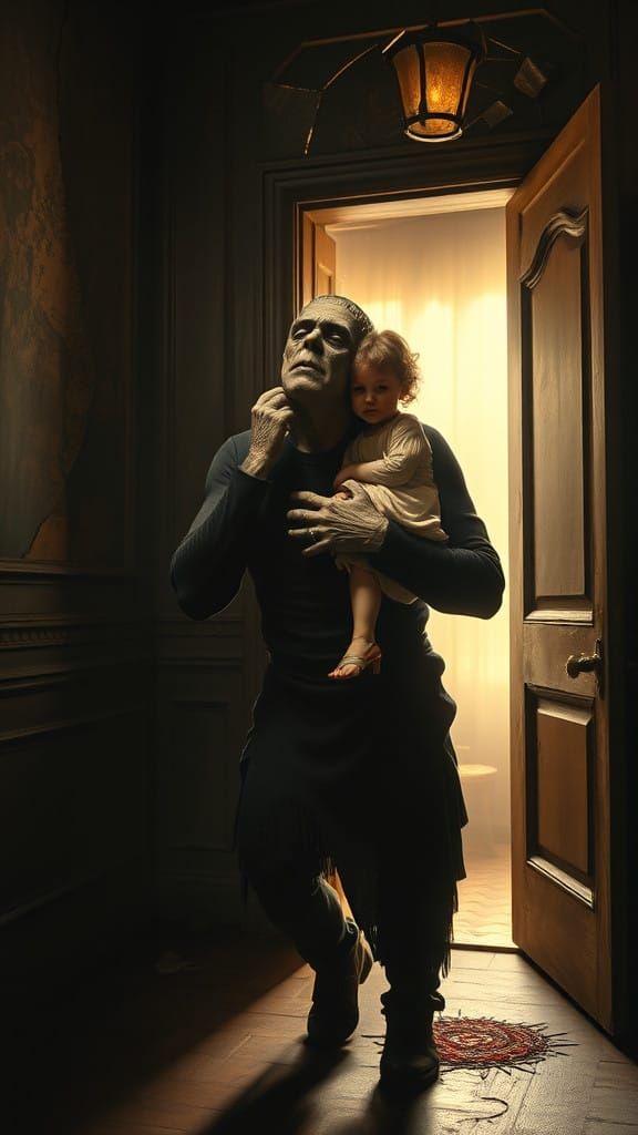 Frankenstein's Monster Carries a Little Girl in a Baroque-In...