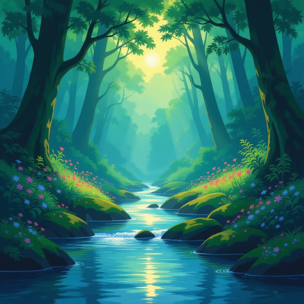 Twilight River in Ancient Forest with Dappled Light