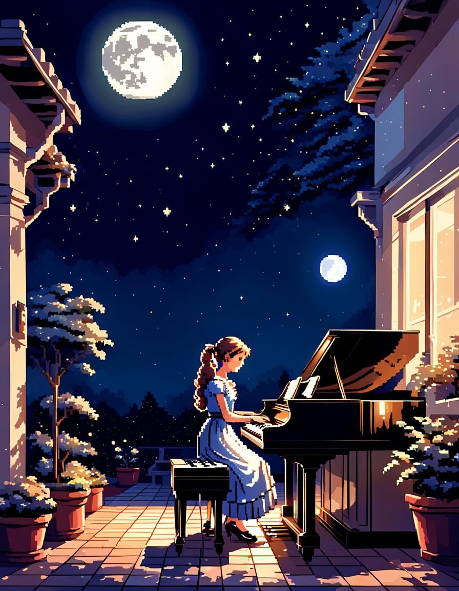 Pixel Art Lady Plays Piano Under Moonlight
