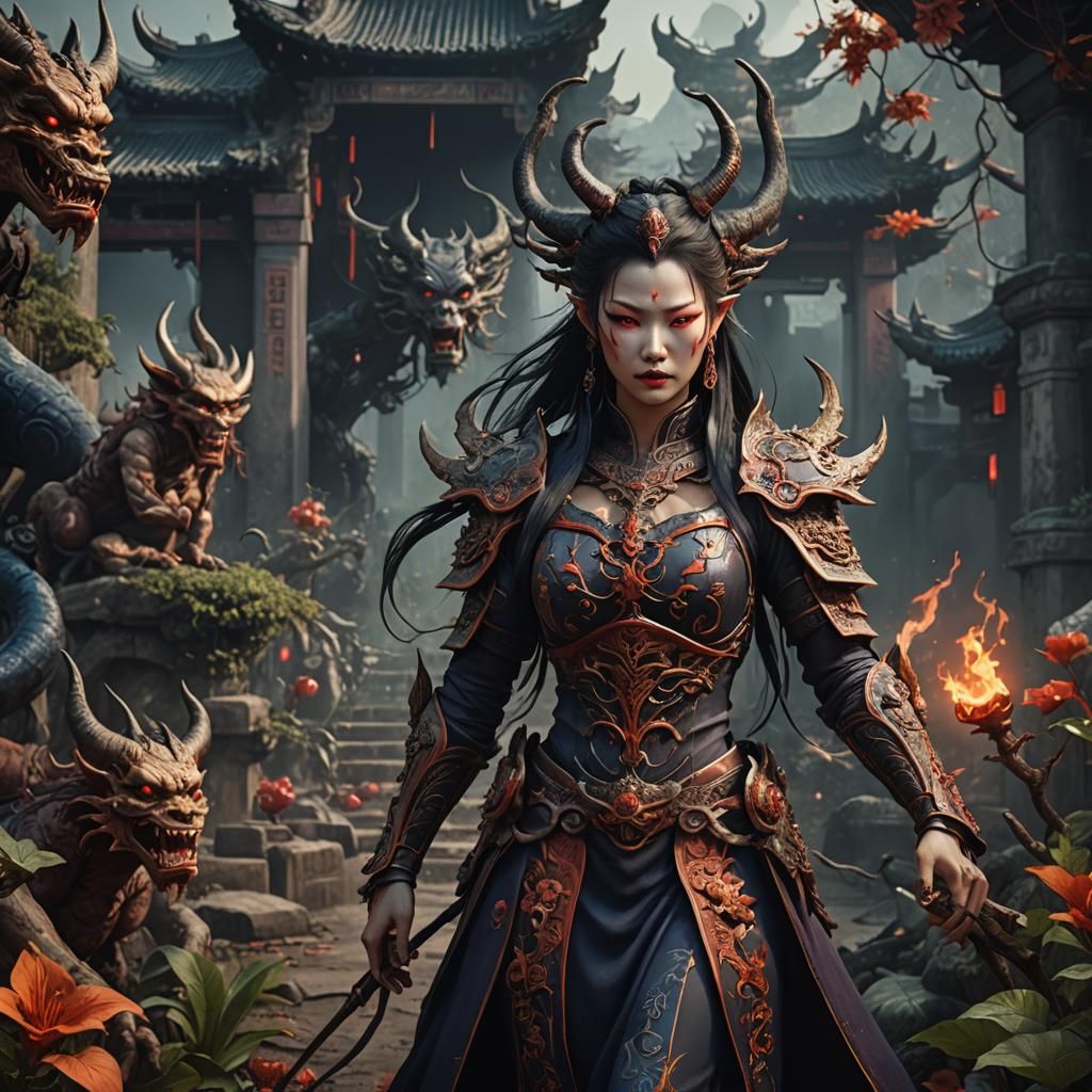 Chinese Demoness in Hell Garden: Detailed Matte Painting