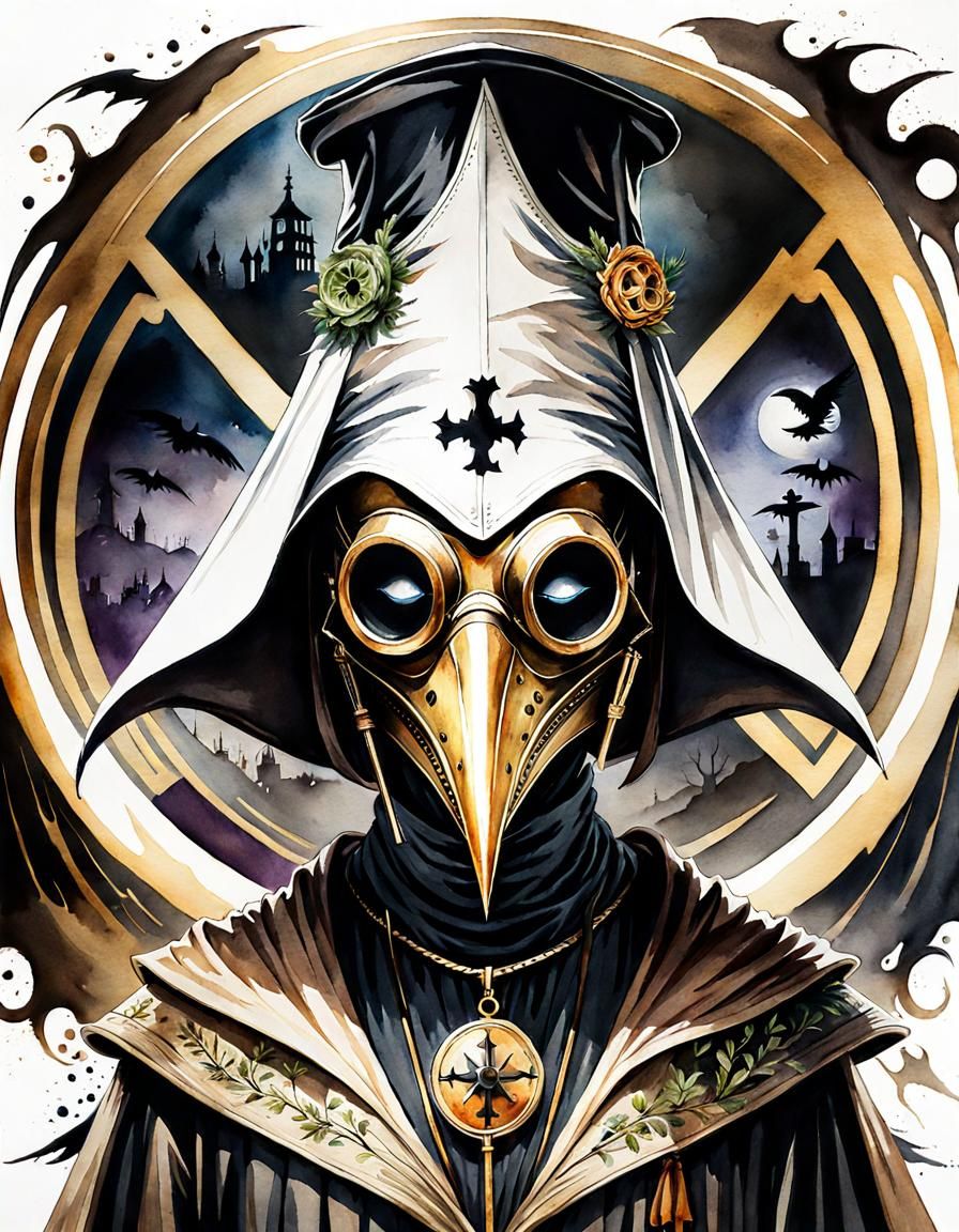 Watercolor Plague Doctor in Horror Film Style
