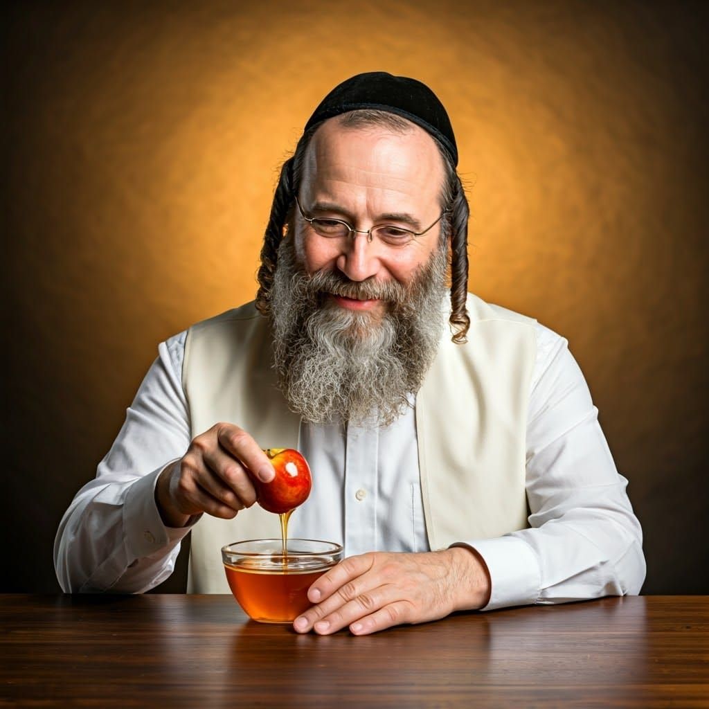 Joyful Ultra-Orthodox Jew Dipping Apple in Honey