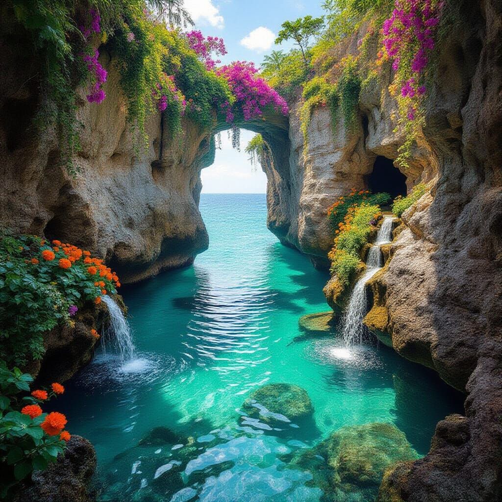 Surreal Rock Formation Paradise With Coral and Wildflowers