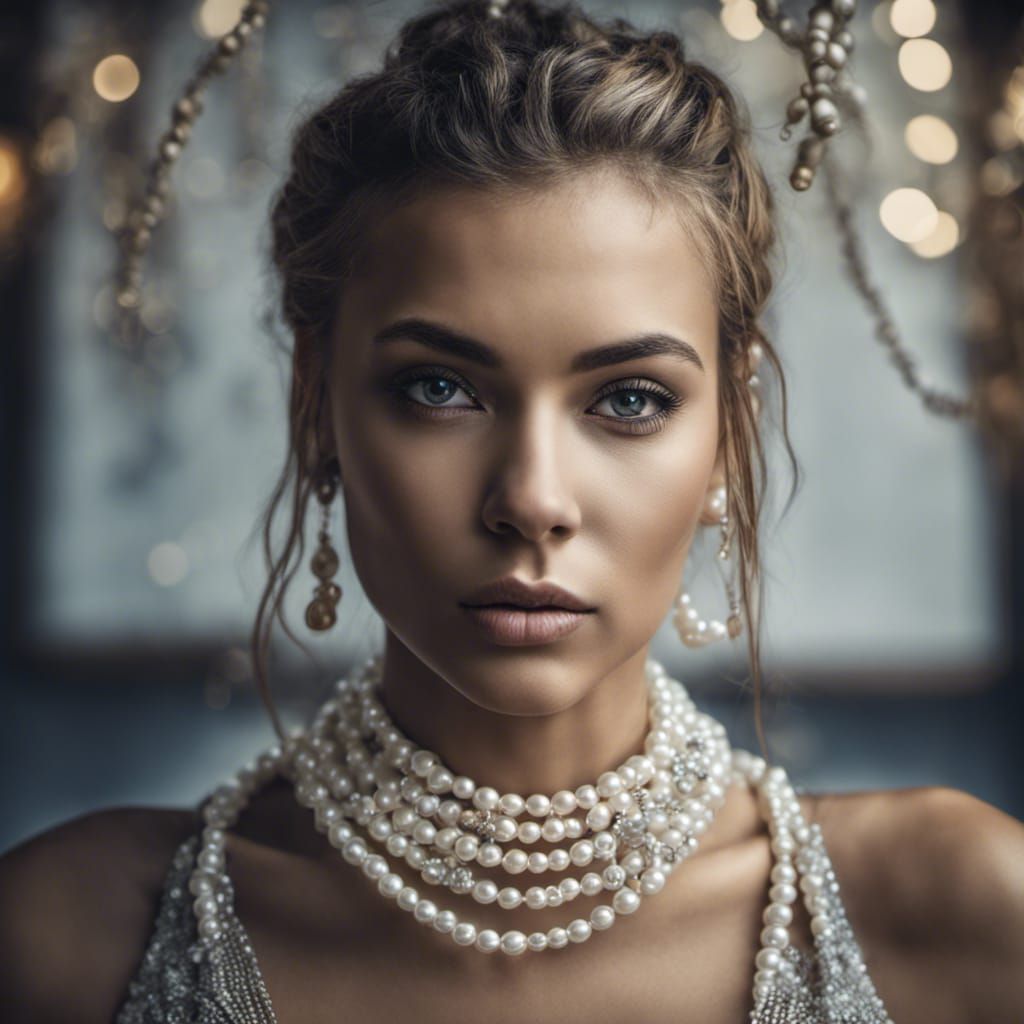 Hyperrealistic Portrait of Woman with Pearls