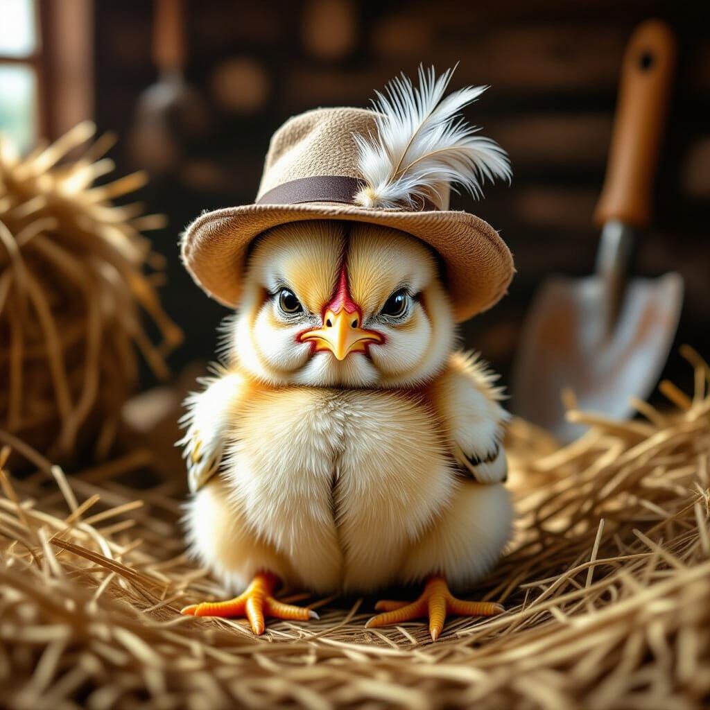 Frowning Baby Chicken with Human Features in Farm