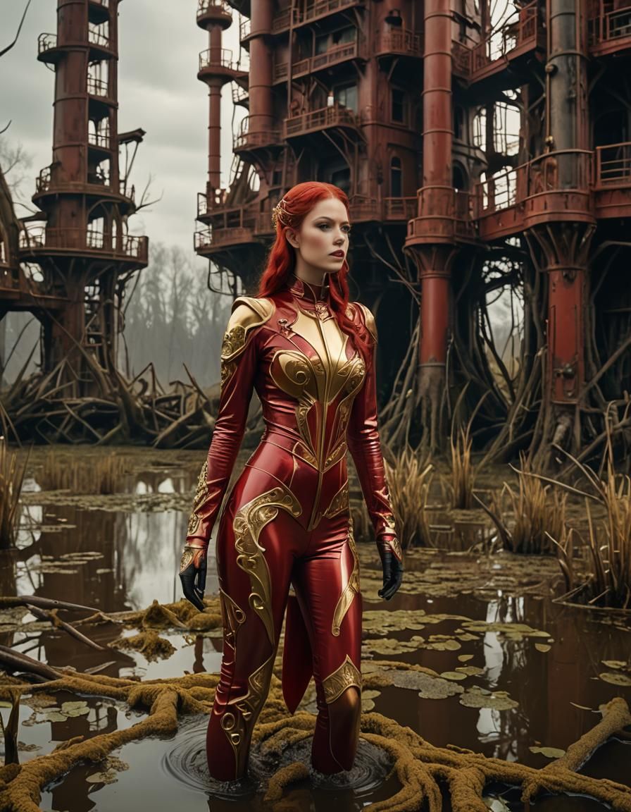 Woman in Latex Suit in Art Nouveau Swamp