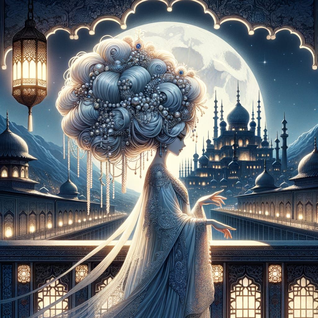 Persian Princess with Silk Hairstyle in Moonlight