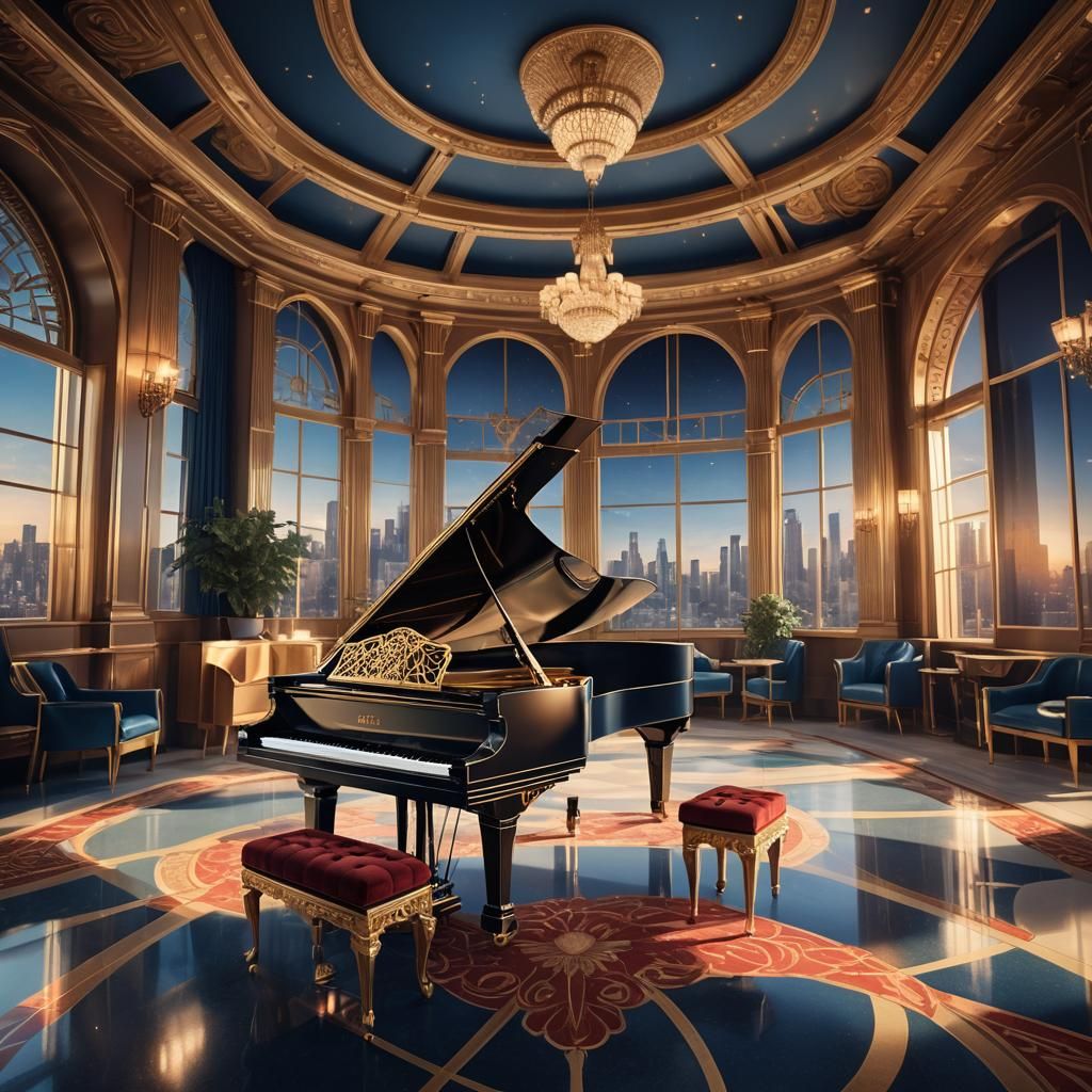 Grand Art Deco Piano in Luxurious Cityscape Setting