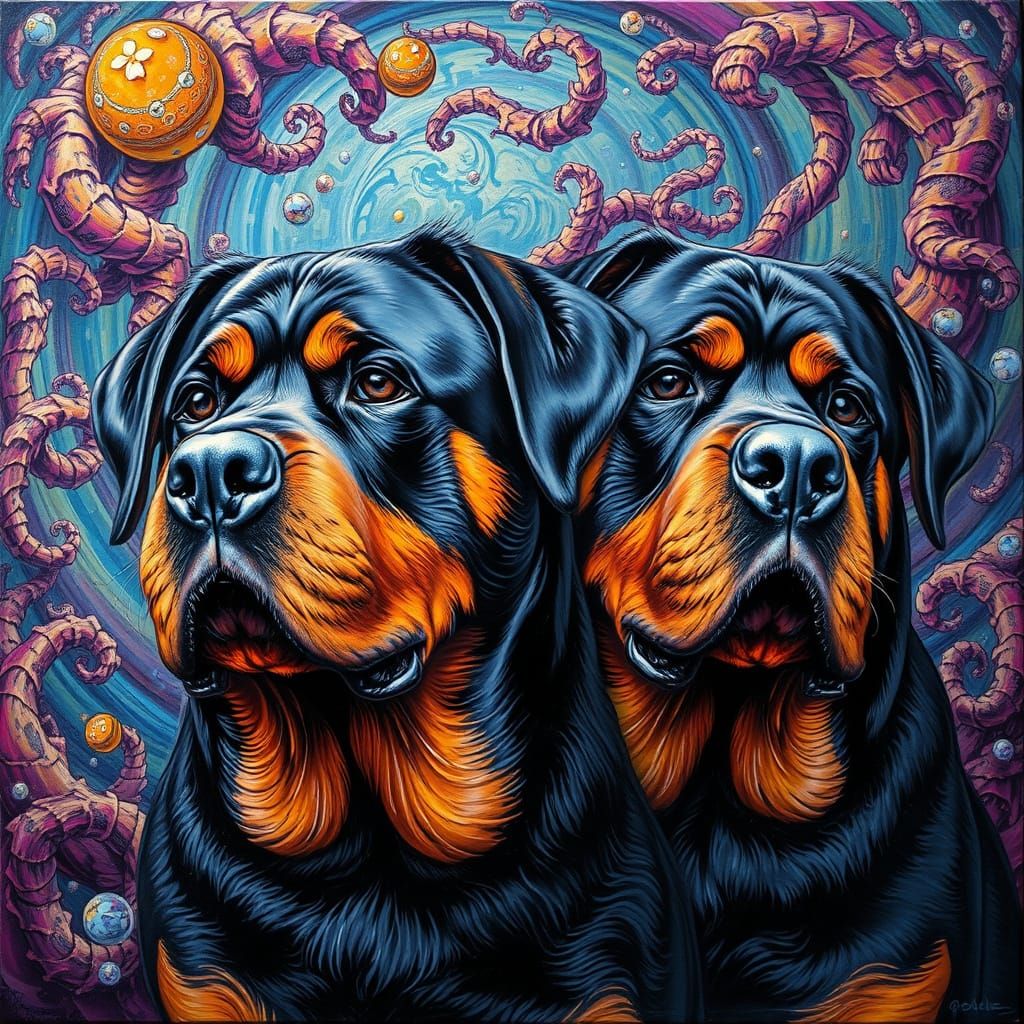 Surreal Rottweilers in Whimsical, Impasto Digital Art