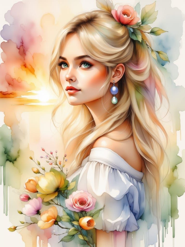 Pretty Woman with Freckles in Spring Sunrise