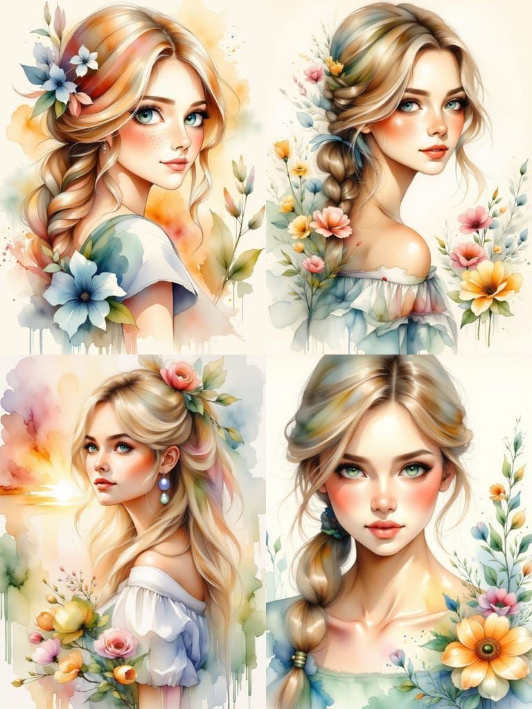 Pretty Woman with Freckles and Flowing Blonde Hair in Waterc...