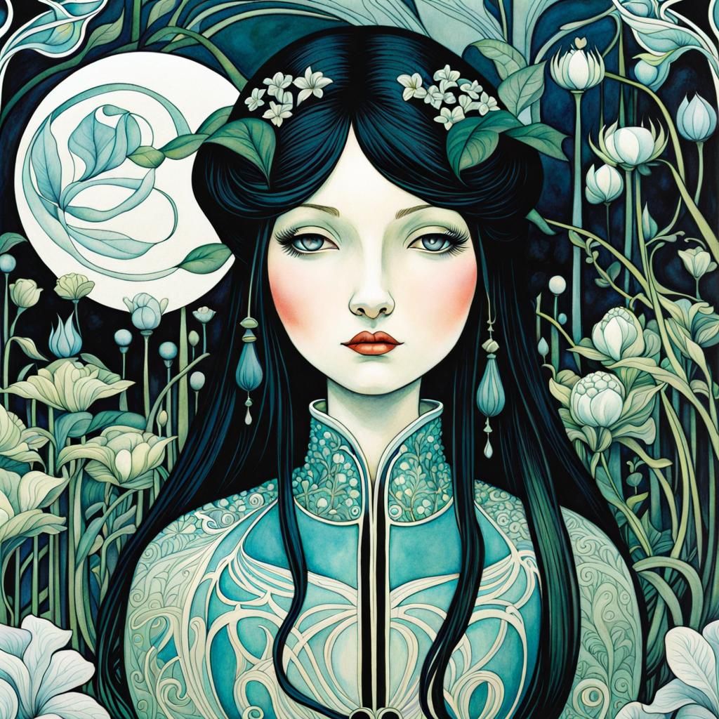 Lush Art Nouveau Garden Illustration