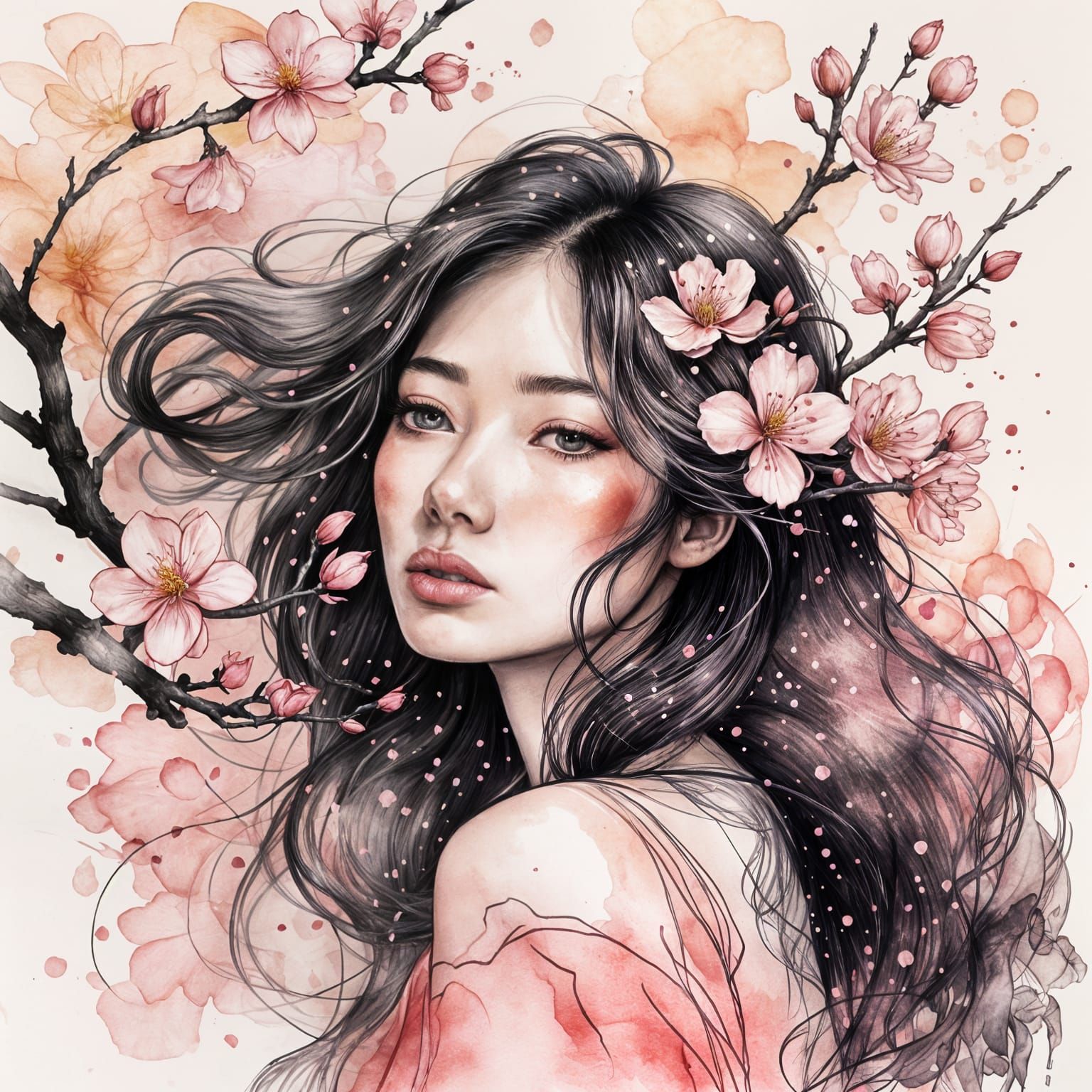 Girl with Glass Pen and Peach Blossoms