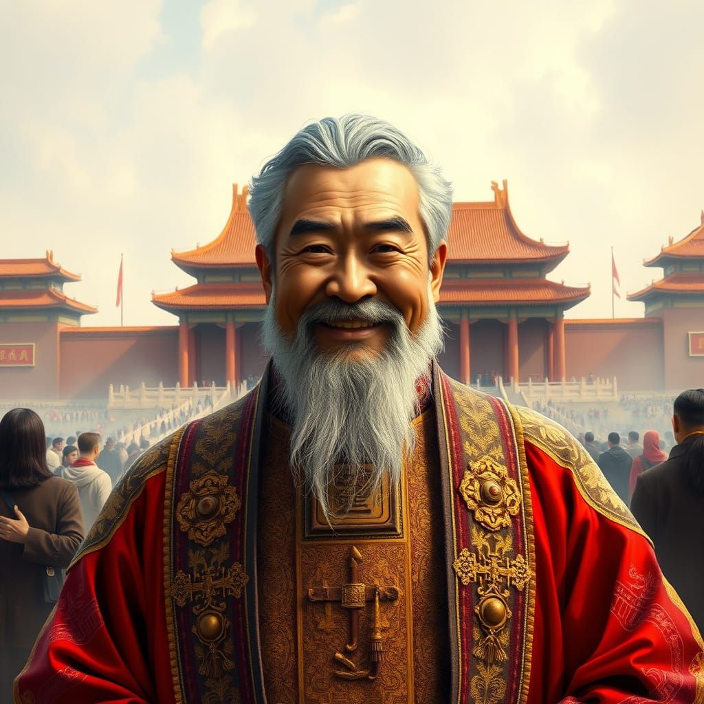 Chinese Man in Royal Robes in Tiananmen Square