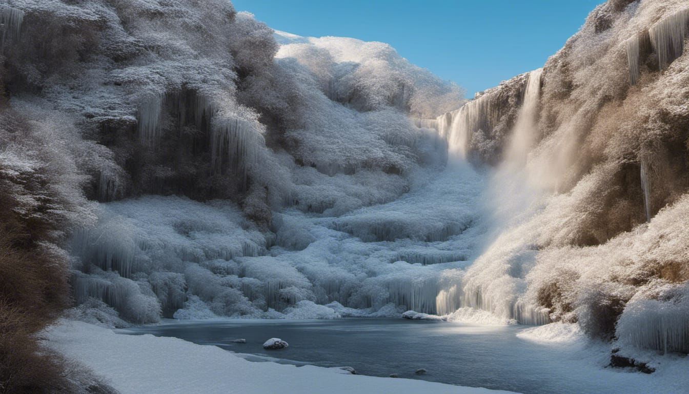 Frozen Waterfalls and Icicles in Sunlight
