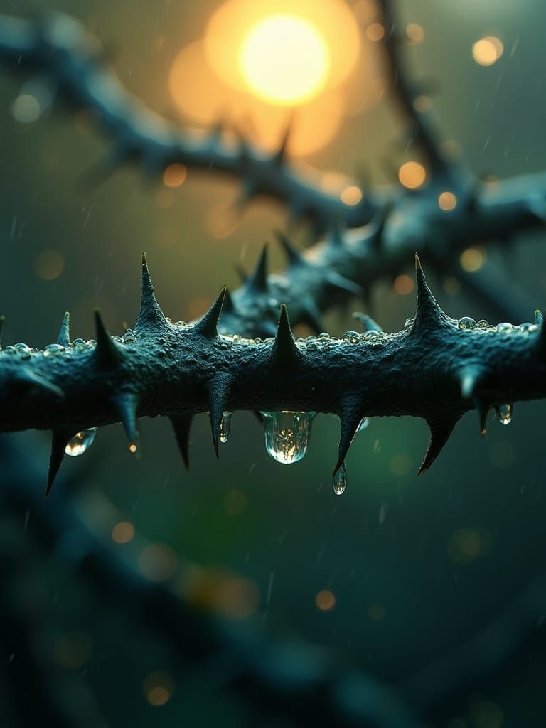 Thorny Branches with Raindrops in Dramatic Backlighting