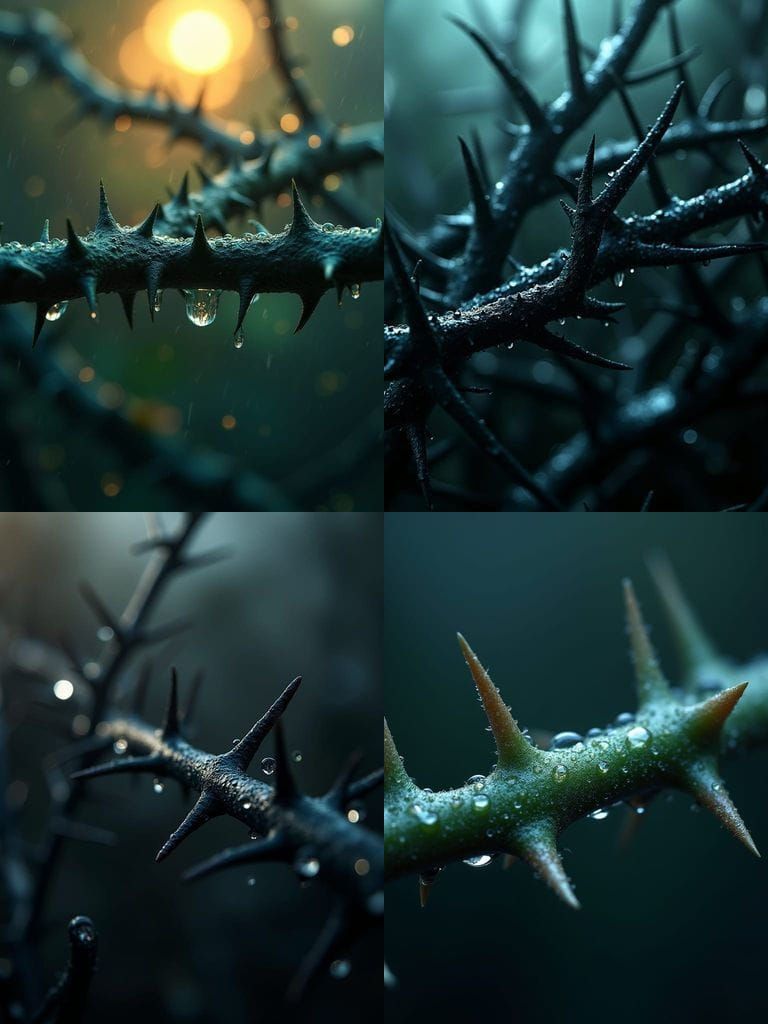 Sharp 3D Thorns Covered in Raindrops
