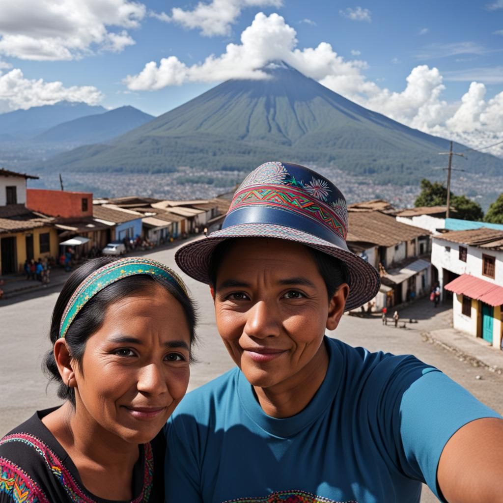 Guatemalan Couple by Volcano in Naive Art Style