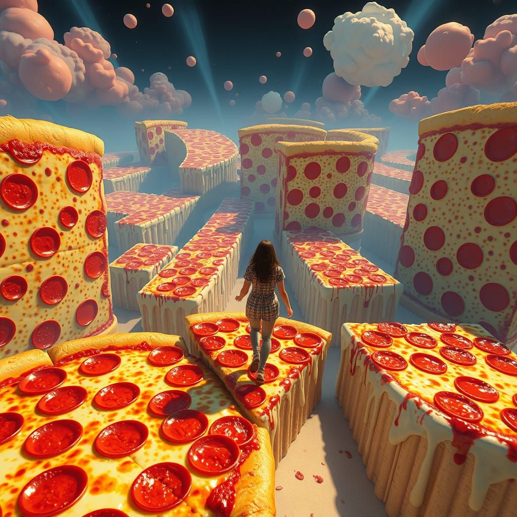 Woman Navigating Surreal Pepperoni Pizza Maze
