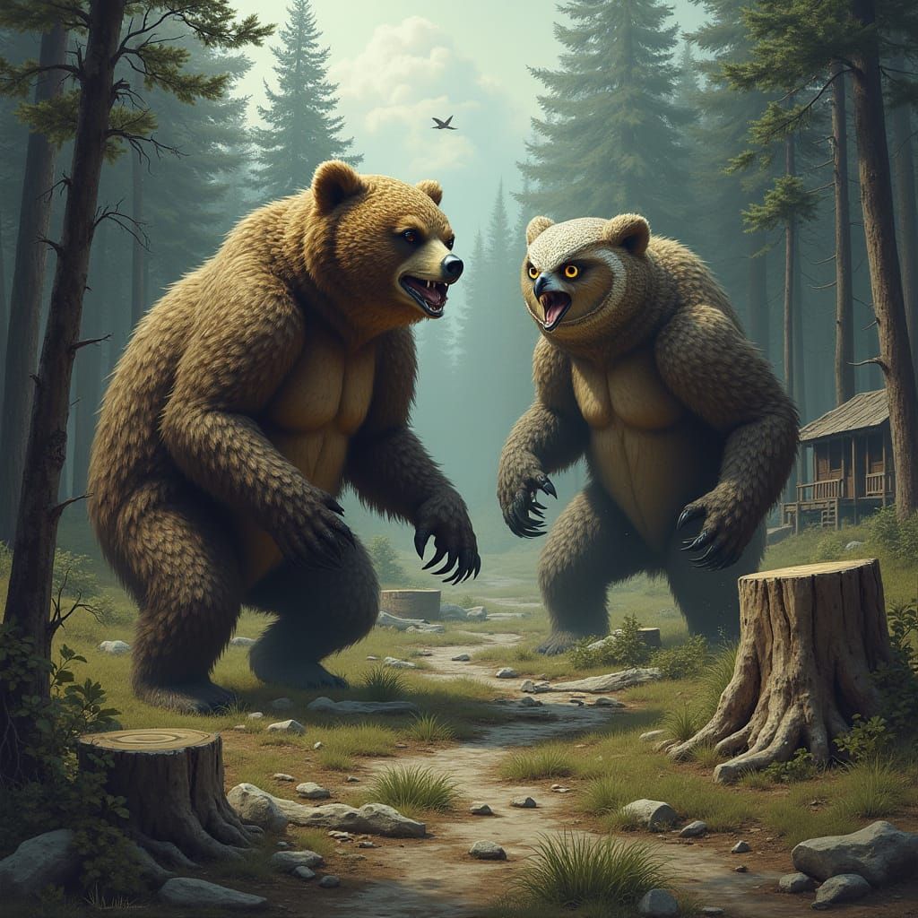 Hyper Realistic Owlbear Devastation in a Dense Forest