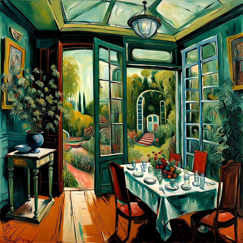 Cyberpunk Dining Room Opens to Overgrown Garden