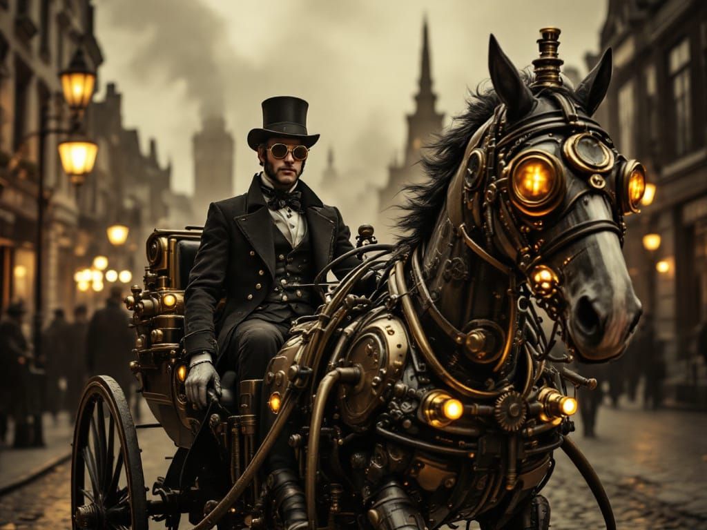 Steampunk Couple in Brass Horse Carriage