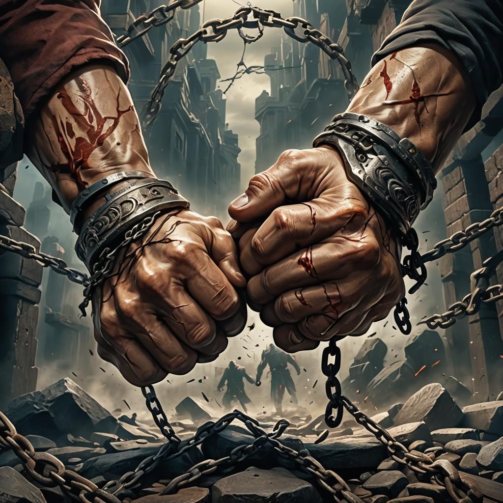 Powerful Fists Breaking Shackles in Detailed Matte Painting
