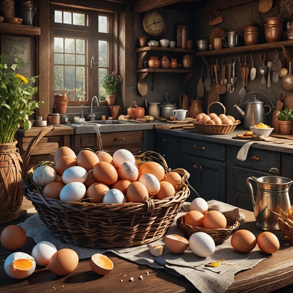 Farm Fresh Eggs Still Life, Detailed Matte Painting