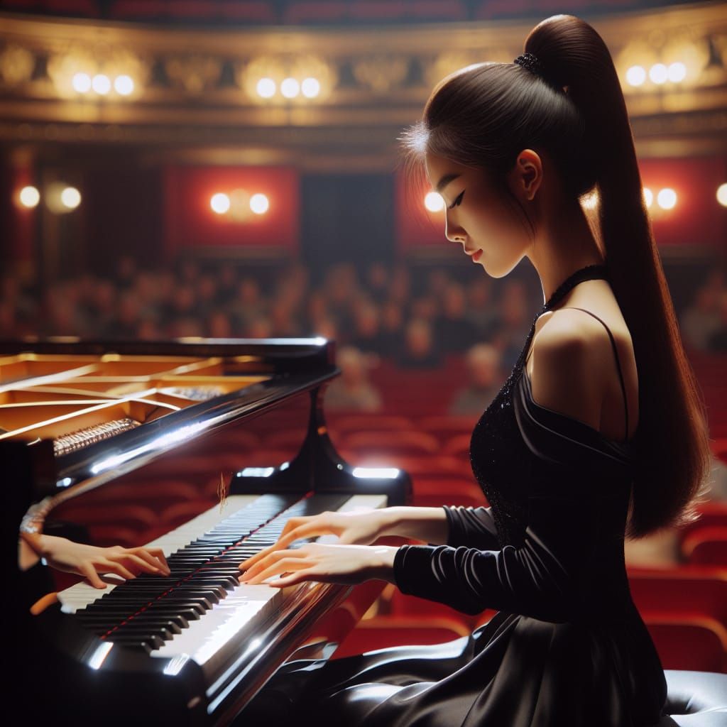 Elegant Musician Plays Piano in Concert Hall