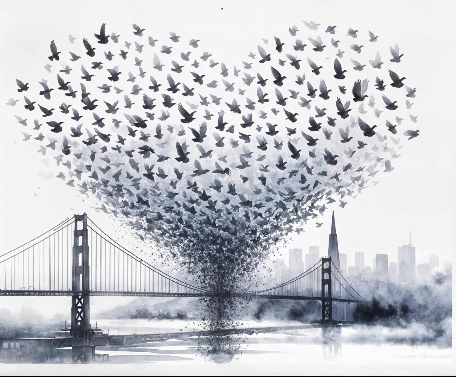 Grey Doves Form Heart Over Foggy Golden Gate Bridge