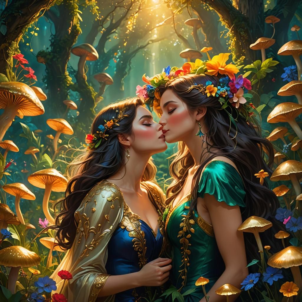 Enchanting Kiss in a Bioluminescent Garden