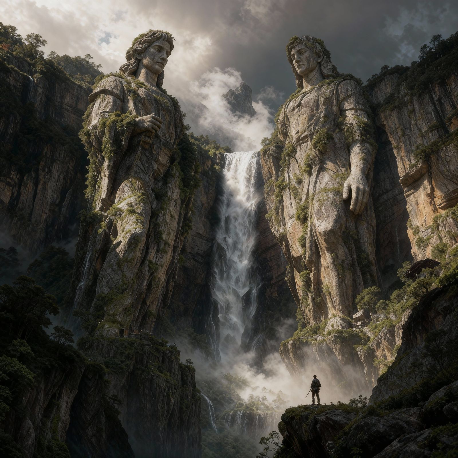 Ancient Stone Guardians Beside Crashing Waterfall