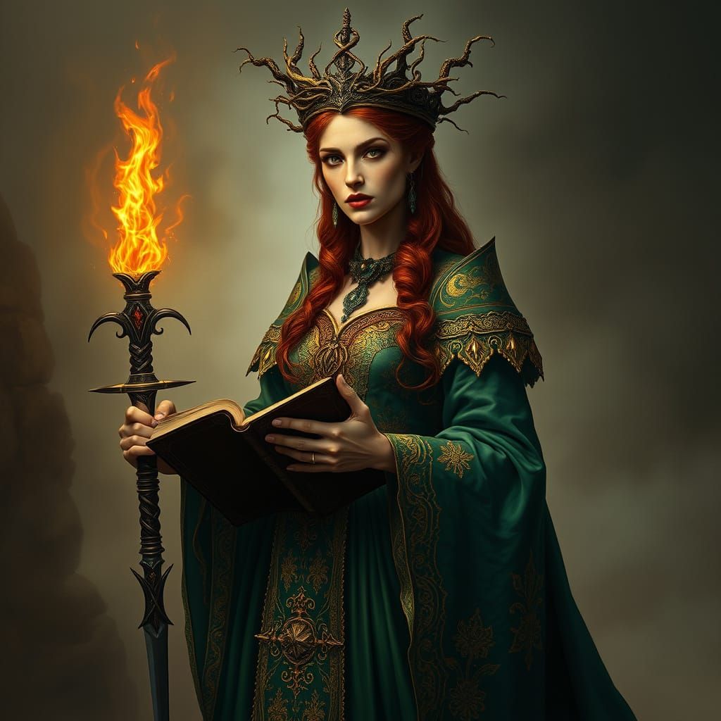 Dark Fantasy Queen in Emerald Robes with Magic Glow
