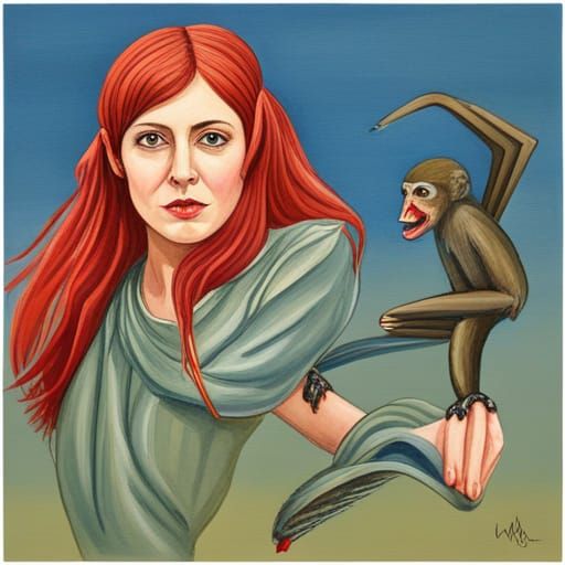 Detailed Gouache Painting of Flying Monkeys