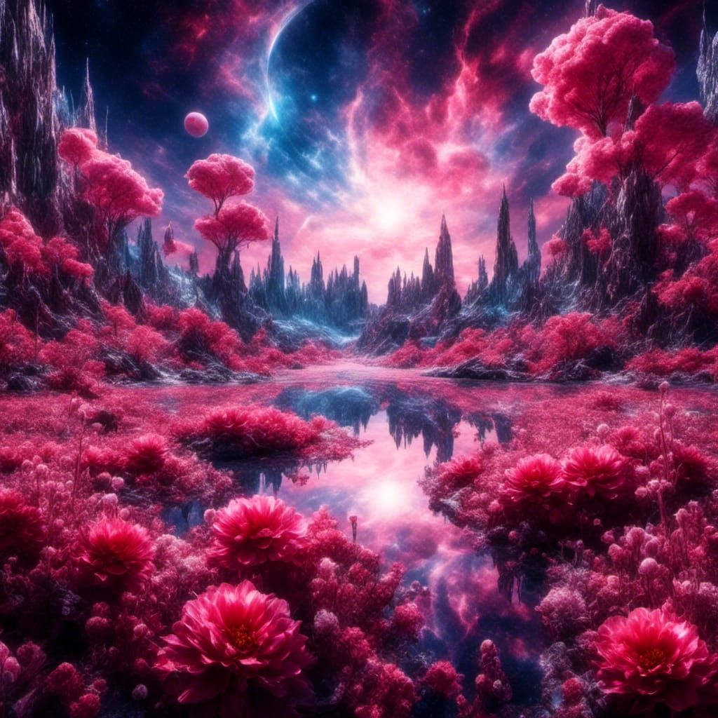 Crystal Flower Field with Nebula Reflection