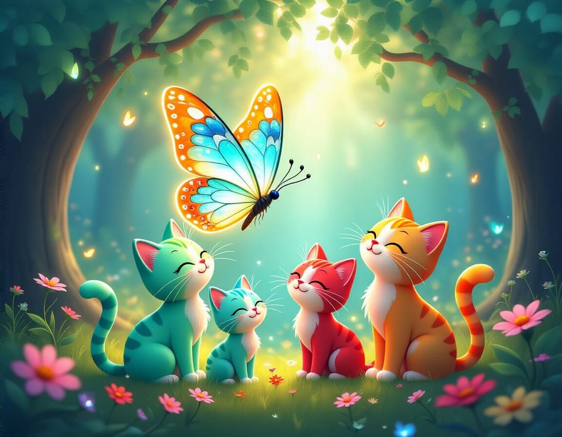 Radiant Dreamscape with Cartoon Cats and Luminous Butterfly