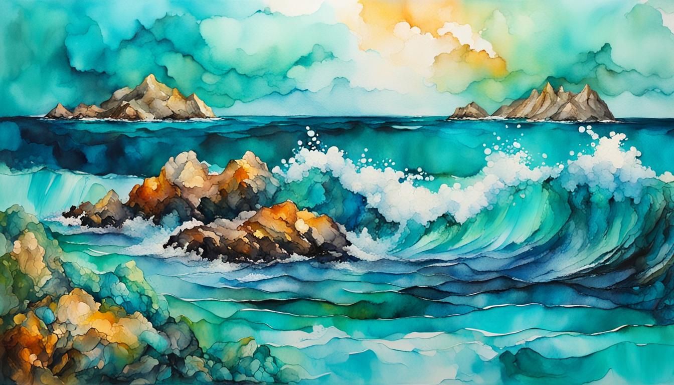 Turquoise Seascape in Gouache Impressionist Style