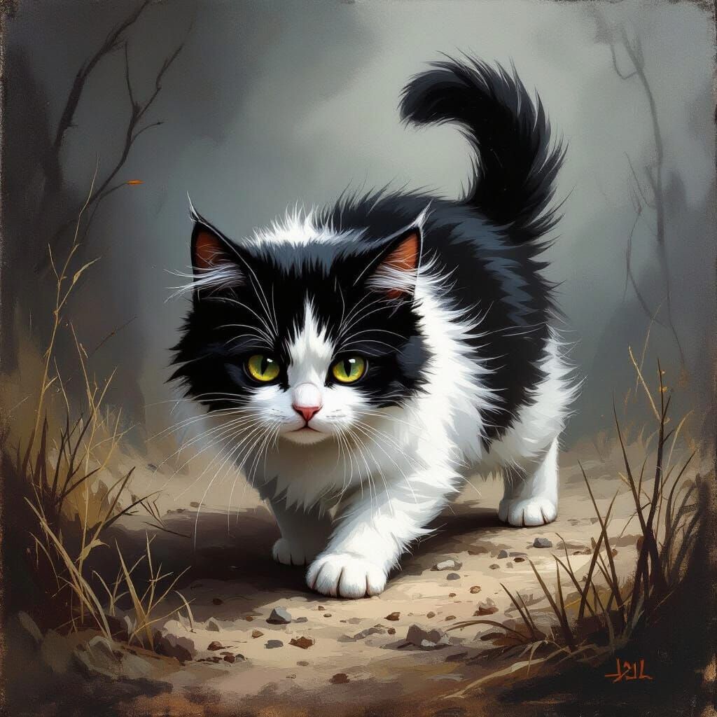 Sinister Munchkin Cat in Ominous Oil Painting