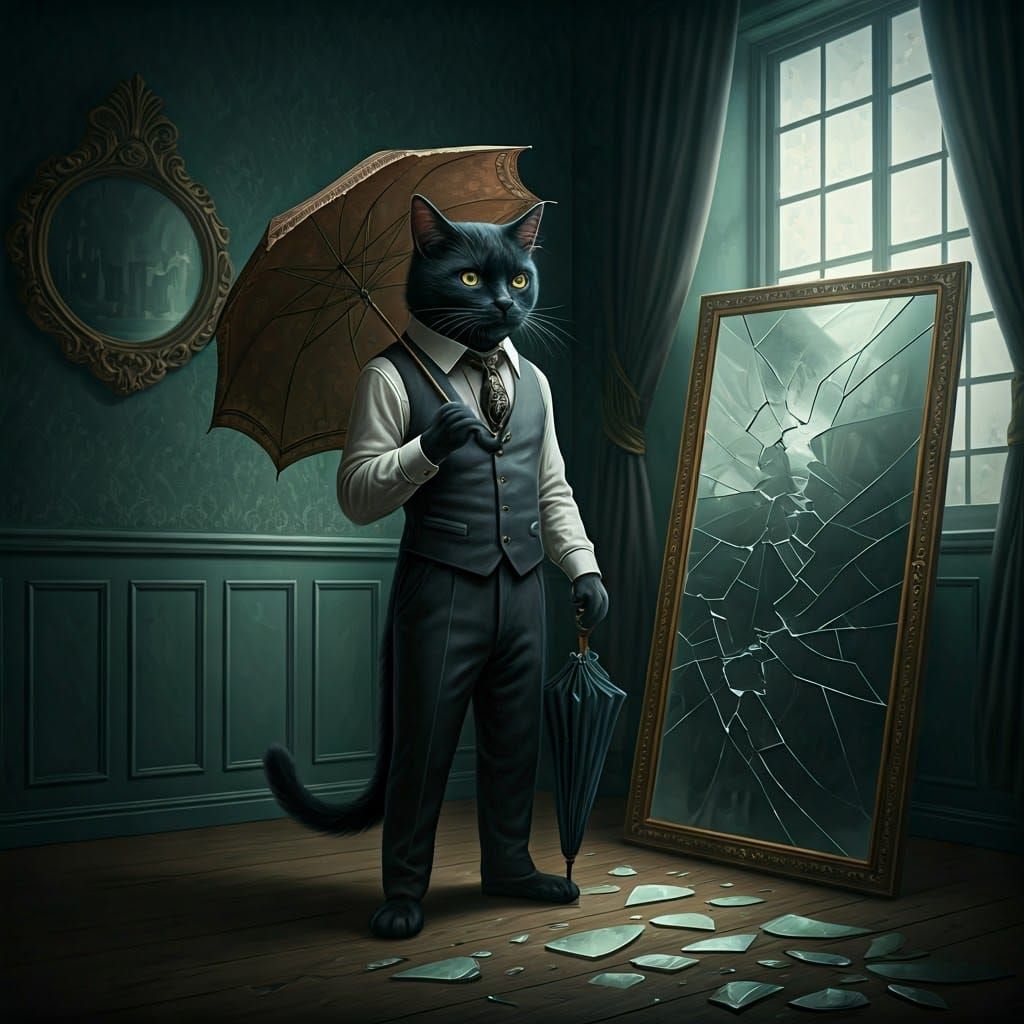 Elegant Cat with Broken Mirror in Digital Art Style