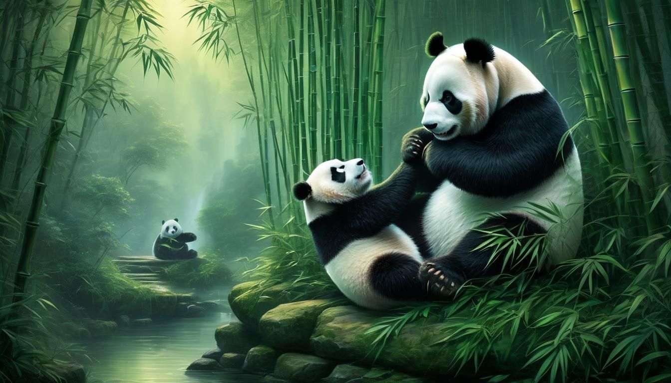 Panda Cuddles Girl in Misty Bamboo Forest