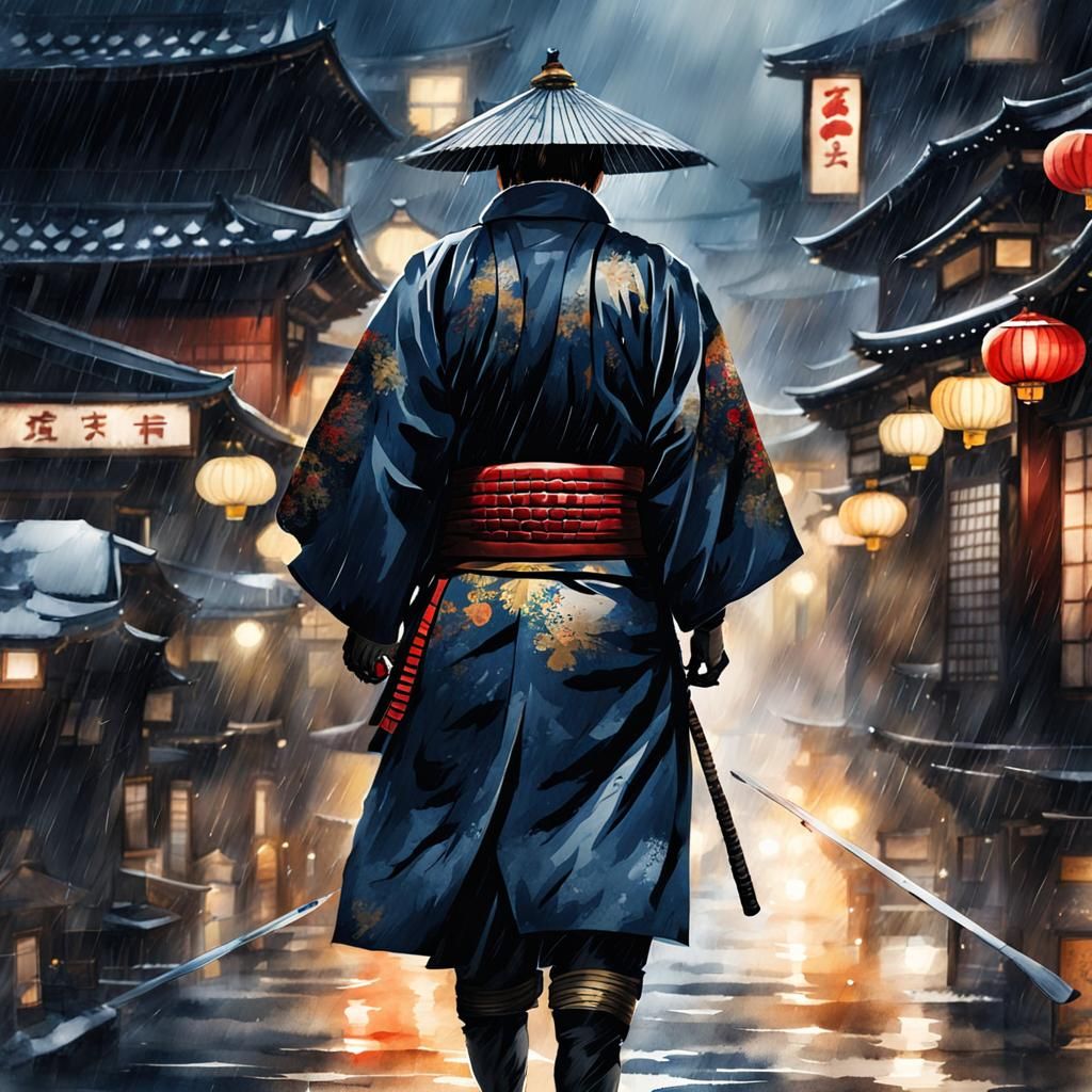 Japanese Warrior in Rainy Kyoto: Digital Watercolor