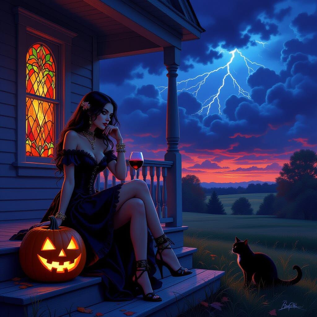 Gothic Girl on Stained Glass Porch at Halloween Dusk