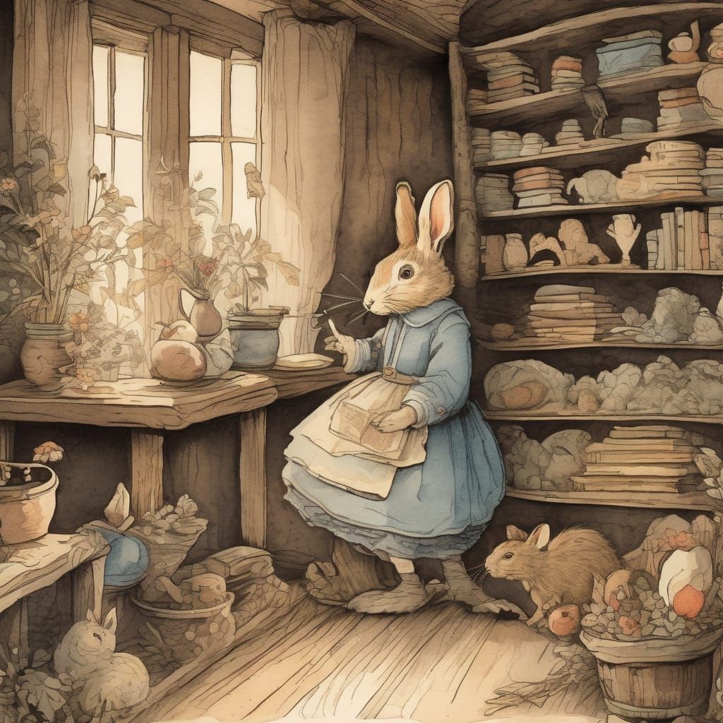 Vintage Storybook Scene with Antique Frames and Whimsical Wo...